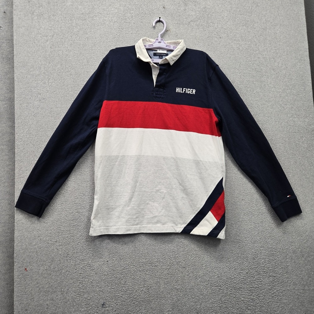 Tommy Hilfiger Men Polo Shirt L/G Navy Colorblock Y2K Rugby Shirt